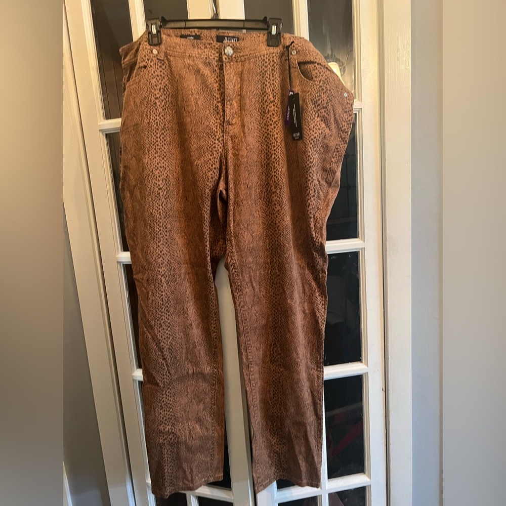 ANA Women’s Brown Denim Pants Animal Print Straight Leg, Size 24W